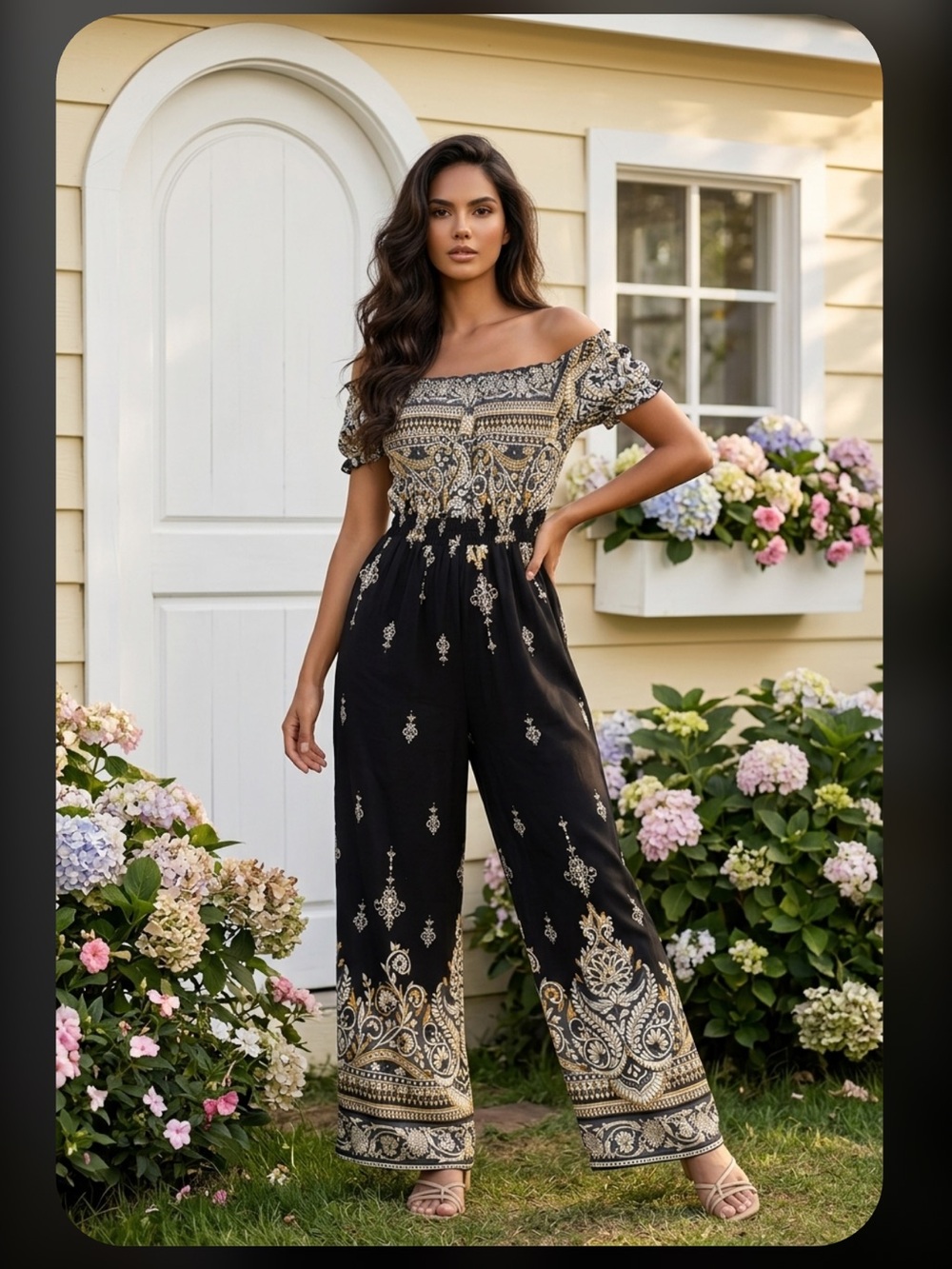 Off-Shoulder Black & Gold Printed Jumpsuit